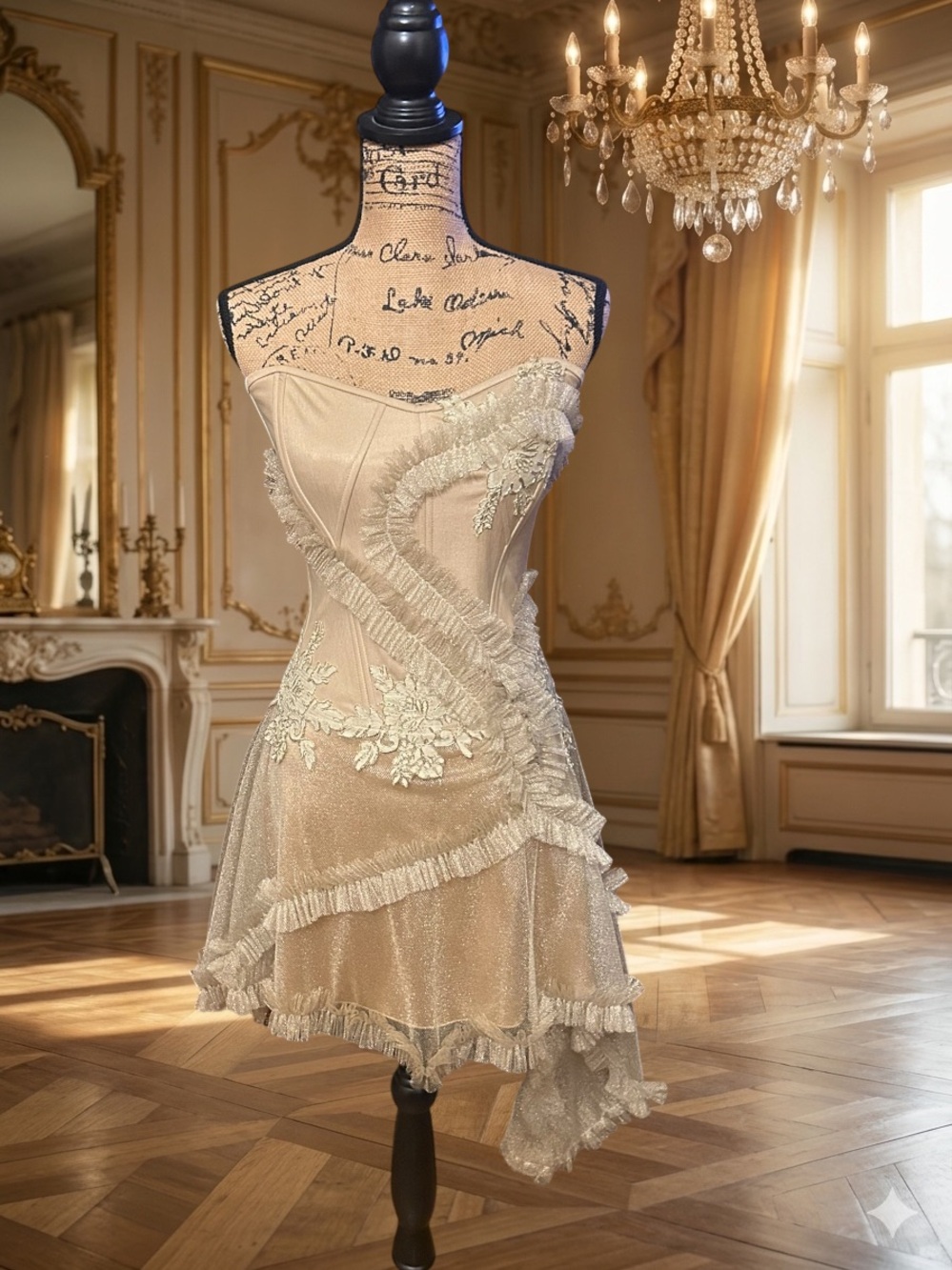 Fernando Wong Couture Champagne Corset Mini Dress Lace Embroidered NWOT